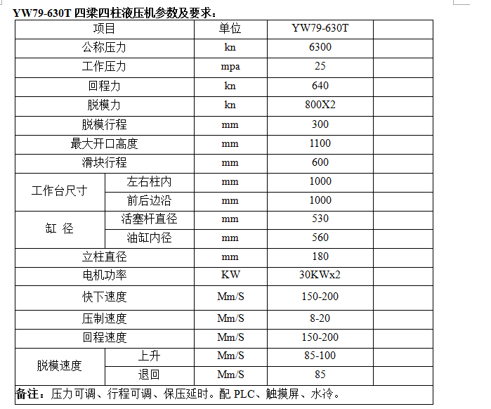 YW79-630T粉末成型壓力機技術參數